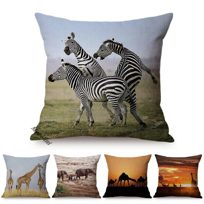 African Wild Grassland Animals Throw Pillow Cover Zebra Giraffe Lion Cushion Cover For Home Chair Sofa Decoration Pillowcases