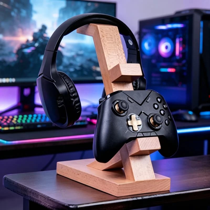 Wooden Controller Stand Multifunctional Gaming Controller Headset Desktop Display Stand Space-Saving Ideal for Gaming Equipment