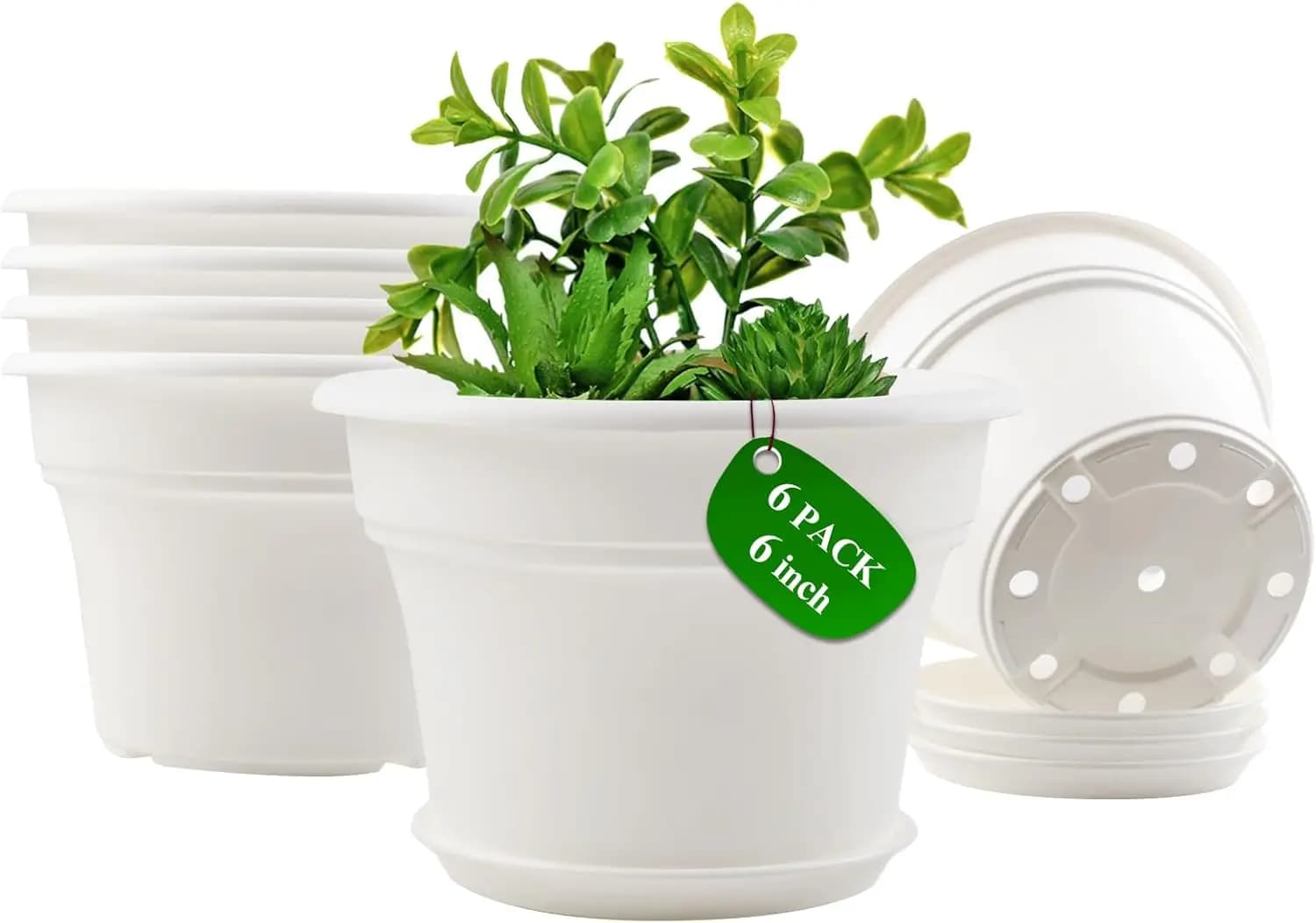 Vaso da fiori in plastica da 6 pollici per piante da interno, confezione da 6 con fori di drenaggio e sottovasi, fioriere da giardino in resina