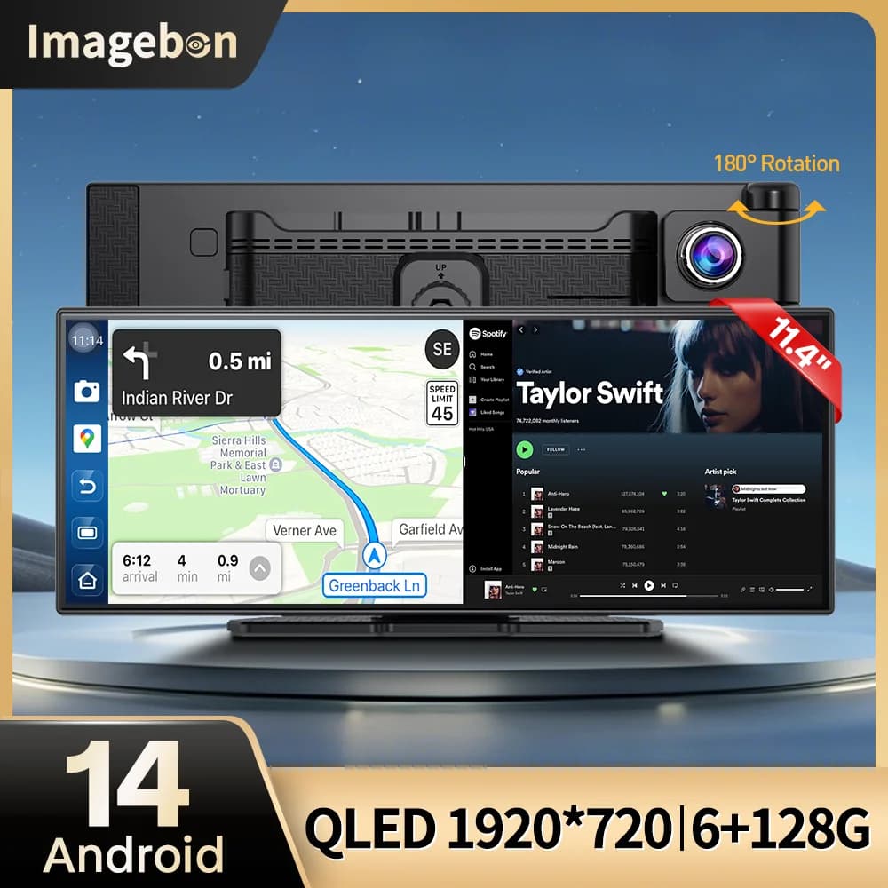 Imagebon W70 Android 14, 11.4" QLED In-cell 1920*720, DVR for Auto, Carplay Wireless, Android Auto, Dashcam 5G AI GPS, Multimedia Car Reader