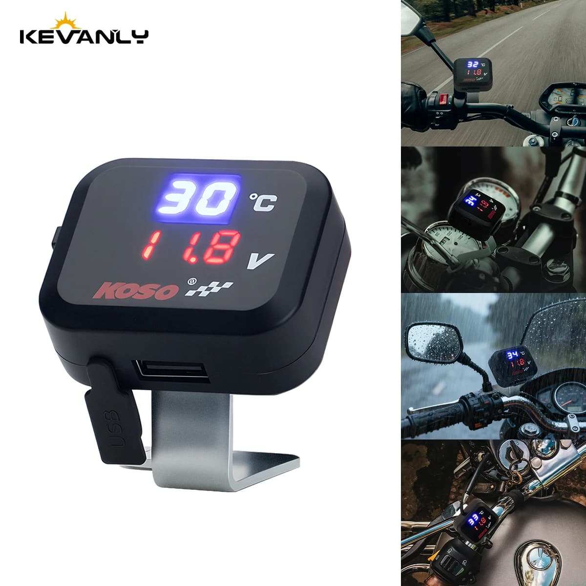 Kit 3 in 1: Mini Termometro, Voltmetro e Caricatore USB per Moto con Display LCD Digitale Impermeabile per Ricarica di Emergenza