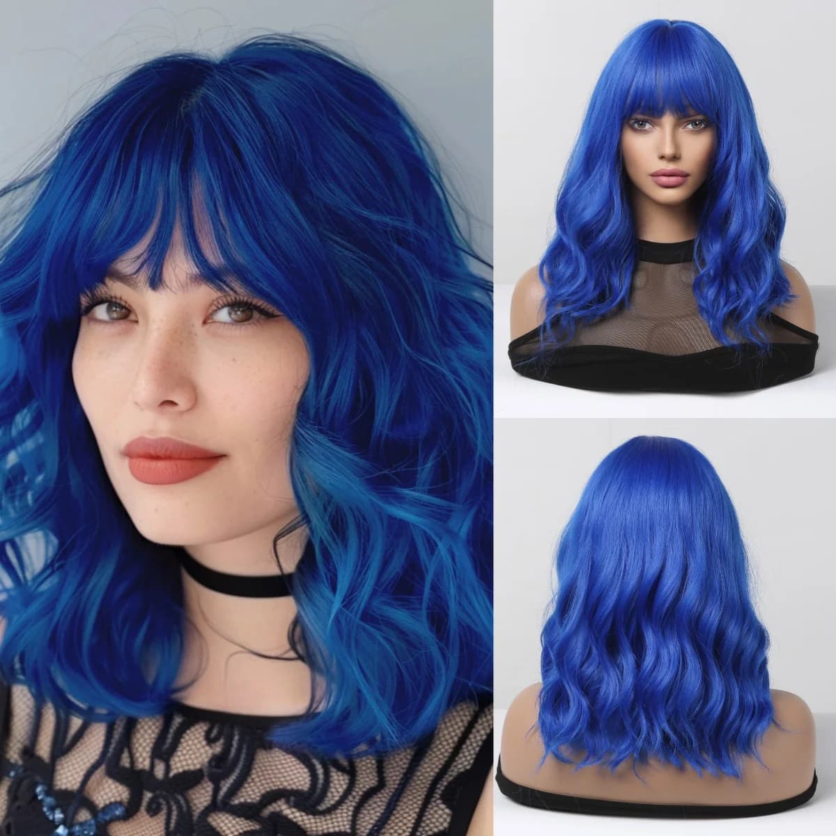 Dark Blue Short Curly Wavy Hair Wig with Bangs Natural Fluffy Blue Cosplay Party Shoulder Length Synthetic Wig for Women Lolita