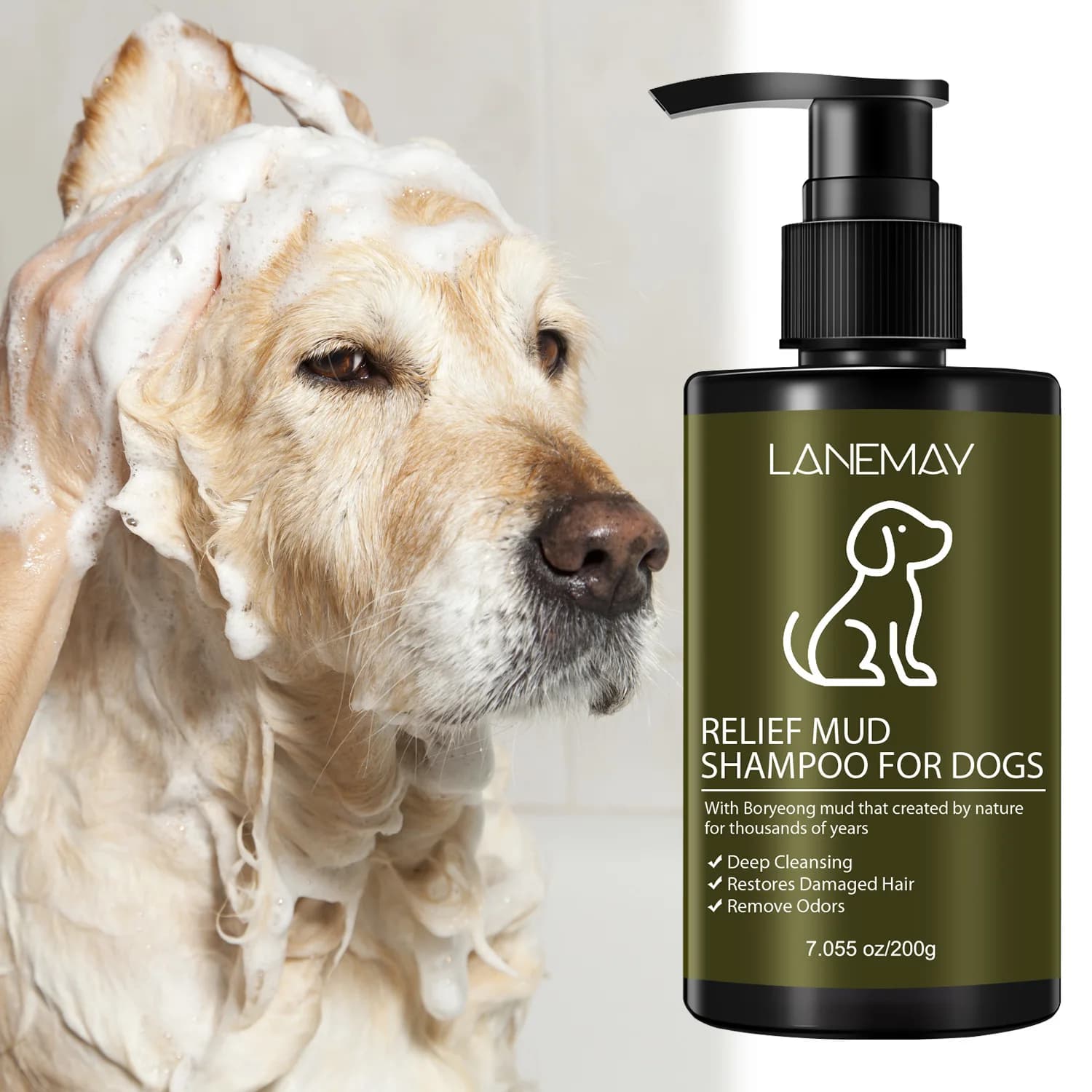 Relief Mud Shampoo for Dogs with Boryeong Mud & 11 Plant Extracts – All-in-One 3-in-1 Formula Cleanses, Conditions.