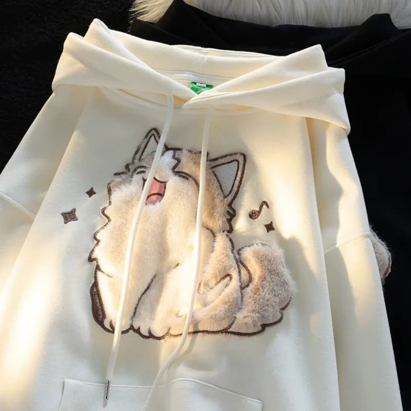 Carino Kawaii Cat Felpe con cappuccio da donna 2025 Nuovo Autunno Inverno Donne spesse Pullover in pile all'interno Felpa con cappuccio Ragazze Y2k Streetwear