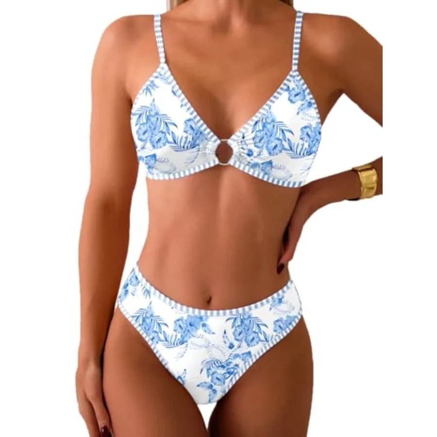 uerg Women's Triangle Bikini Sets O Ring Linked Two Pcs Swimsuits Printed Cheeky Bathing Suit