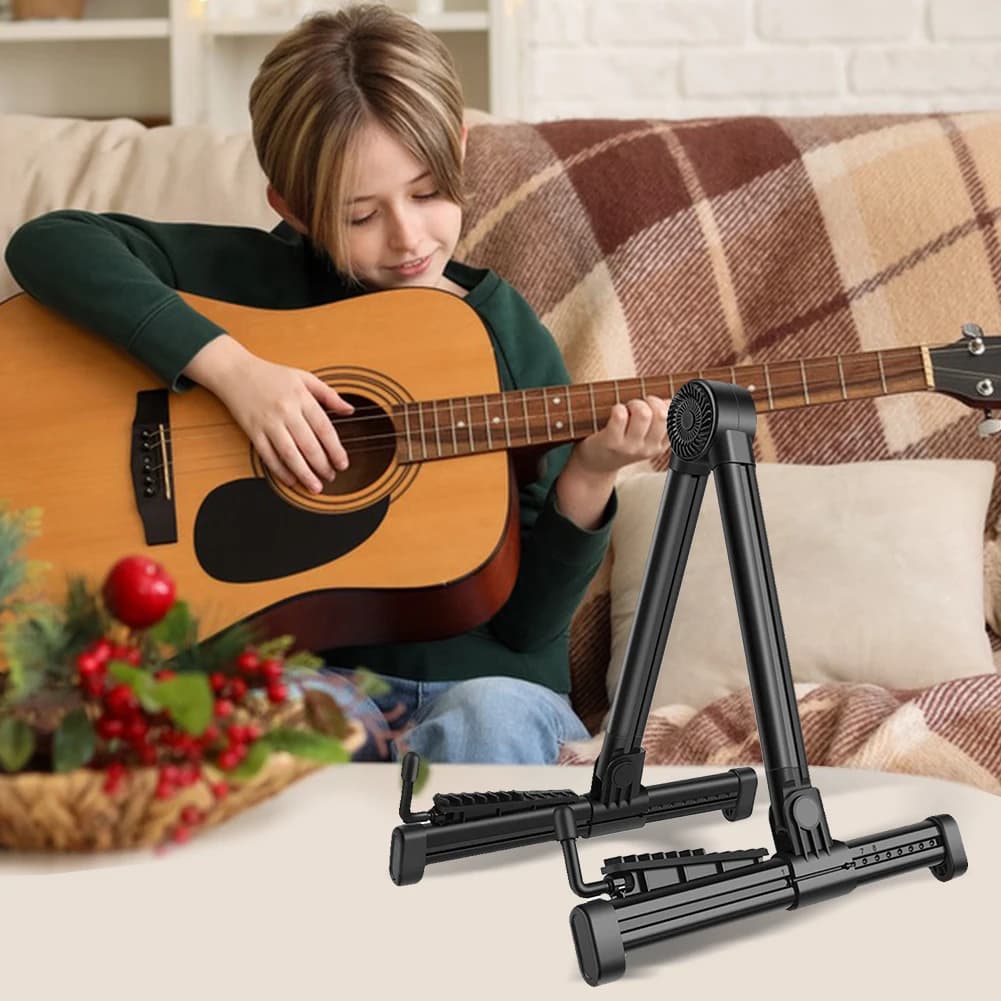 Supporto da pavimento per chitarra pieghevole a forma di A, regolabile per chitarra acustica, elettrica, basso, ukulele, banjo