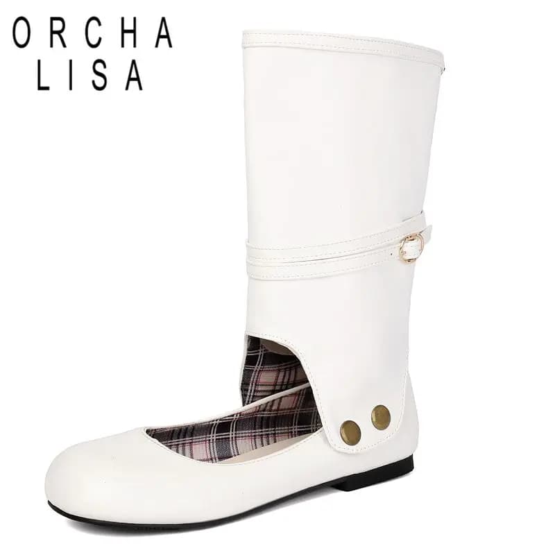 ORCHA LISA White Lolita Women Mid Calf Boots Round Toe Flats Double Use Belt Buckle Big Size 46 47 48 Sweet Daily Handmade Shoes