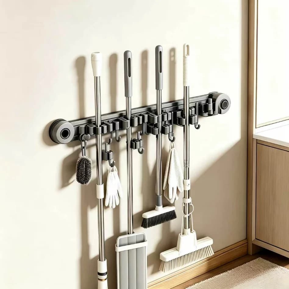 No Drill Suction Cup Mop Holder Wall Mount Mop Clamp Heavy Duty Broom Storage Hook Organizer