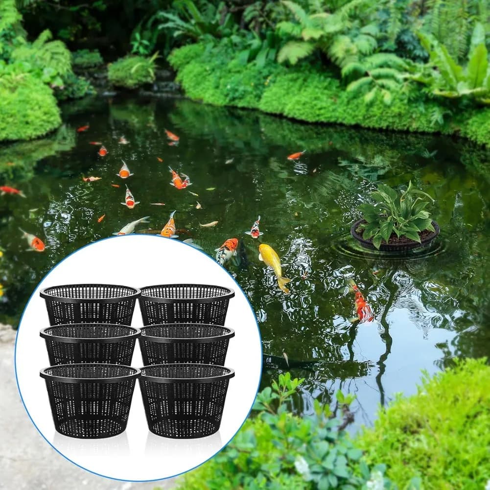 T34C 6 Pcs Hydroponic Baskets Aquatic Black Plastic Garden Mesh Net Pot Hydroponic Pots Slotted Pond Basket for Planting