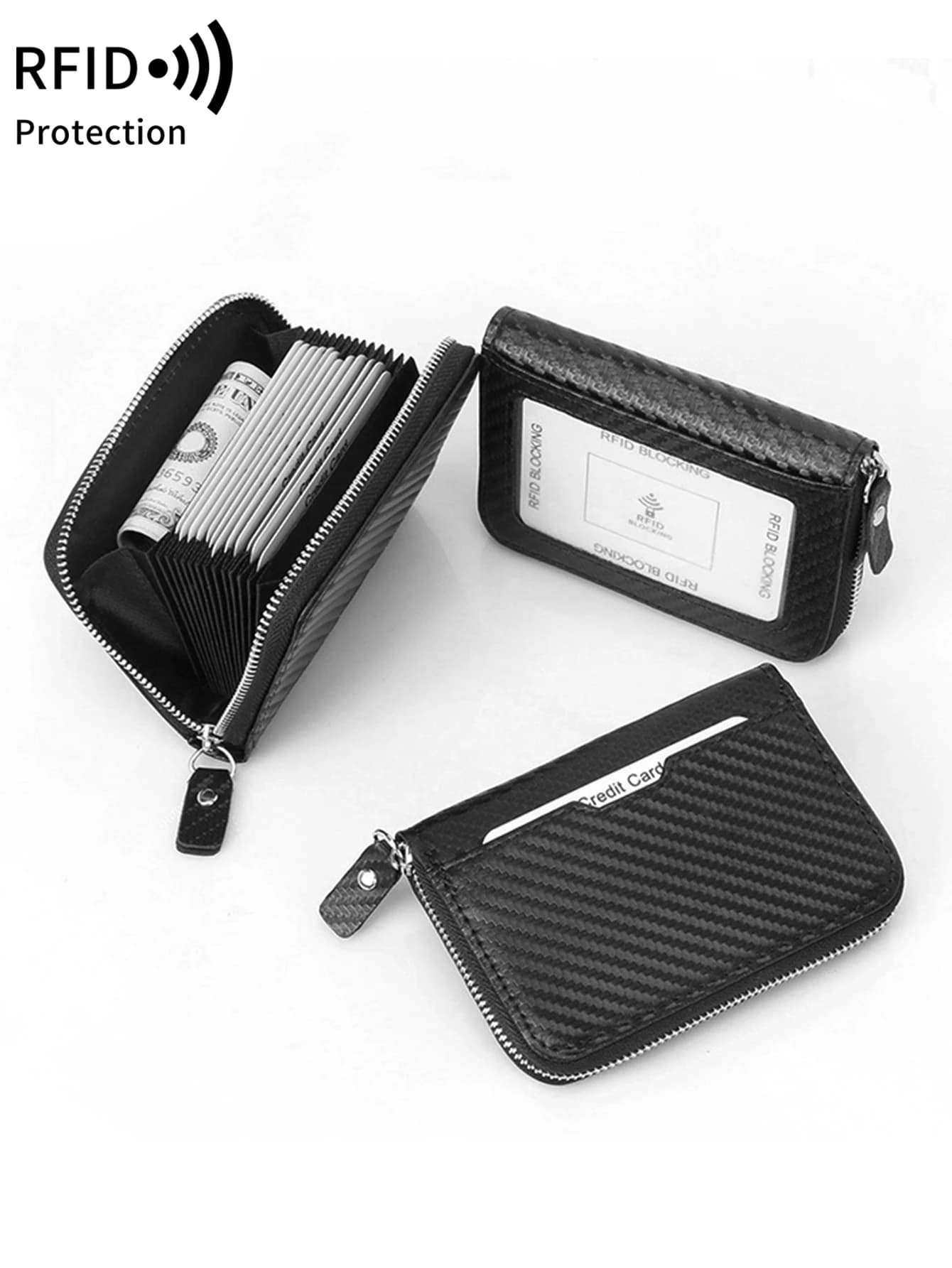 Minimalismo RFID Blocco organo CardBag Modello in fibra di carbonio alla moda Portamonete con cerniera Clip per carte da uomo d'affari, con finestra identificativa