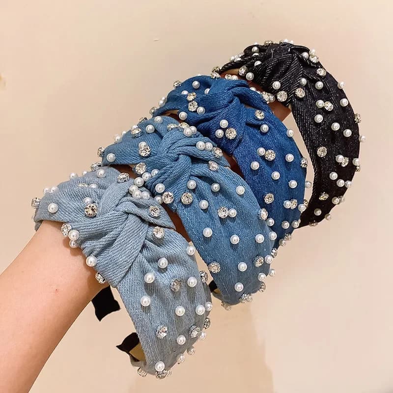 Fascia per capelli annodata a croce in Denim blu largo moda donna fascia per capelli con strass di perle personali accessori per capelli con castone per capelli Vintage