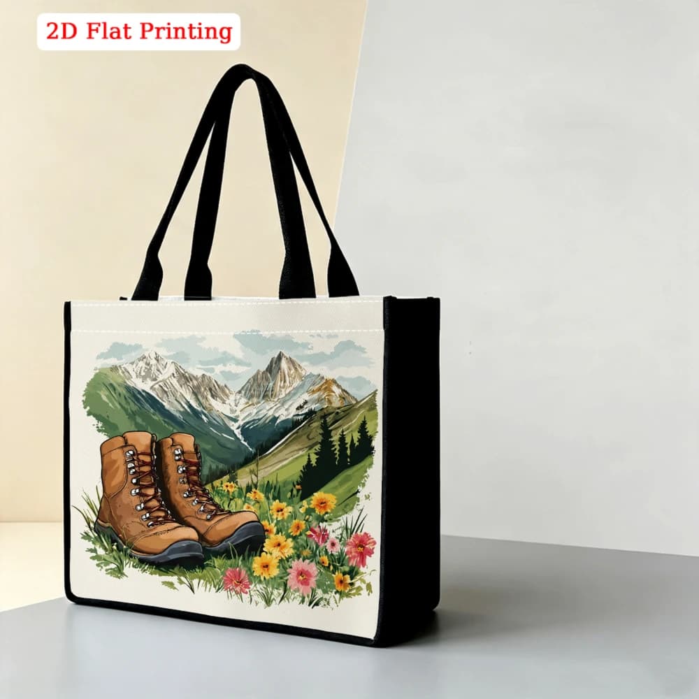Watercolor Hiking Boots Wildflower Snow Mountain Landscape Print Large Tote Bag, Outdoor Adventure Aesthetic Handbag