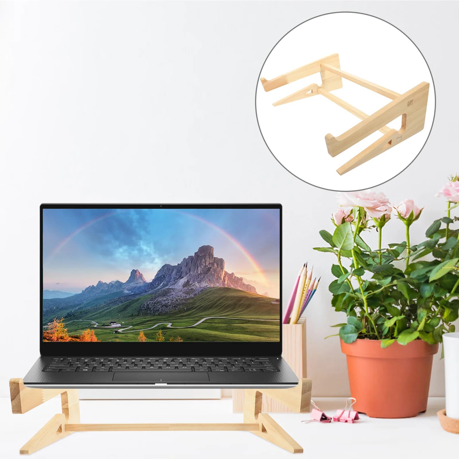 Supporto per laptop in legno massello Supporto per notebook premium Supporto per supporto di raffreddamento Staffa da scrivania per tastiera ergonomica Supporto per laptop portatile