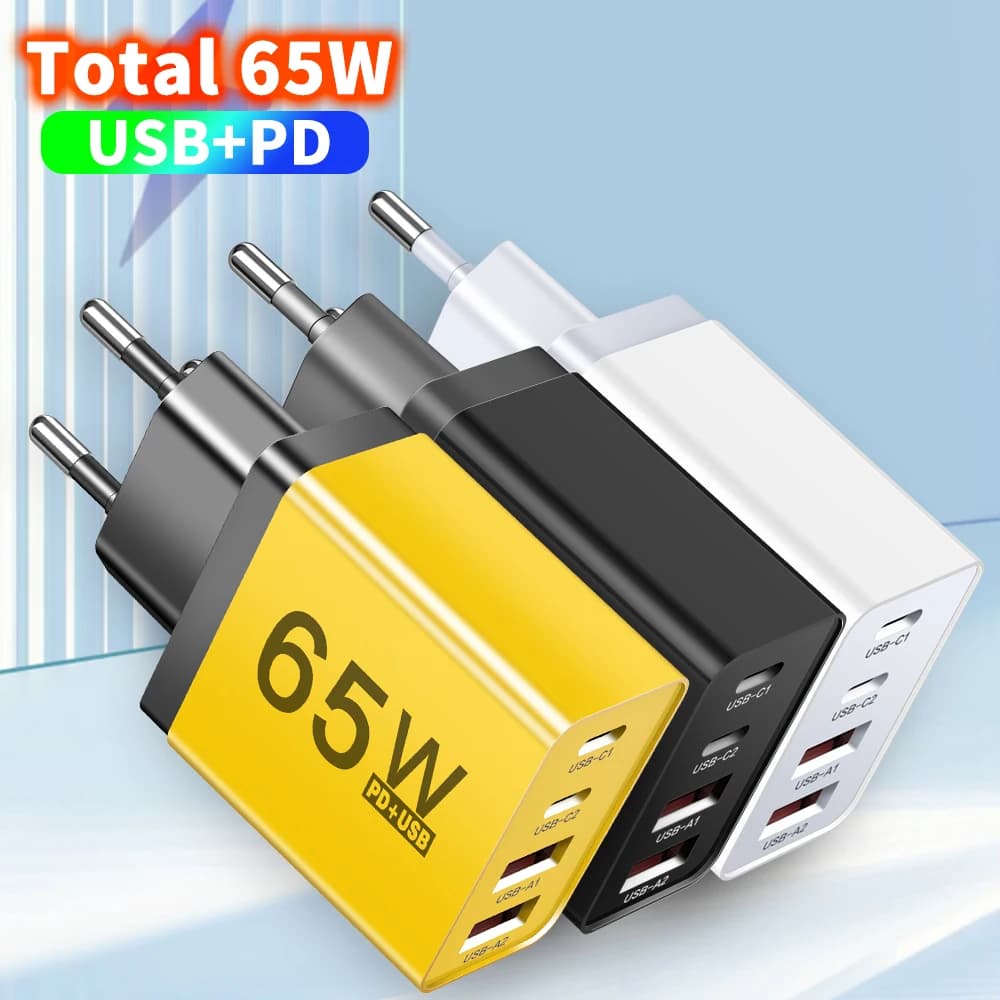 4 in 1 65W USB C Fast Charger USB Type C Mobile Phone USB Wall Charger PD Quick Travel Charger EU/US/UK Plug For iPhone Xiaomi