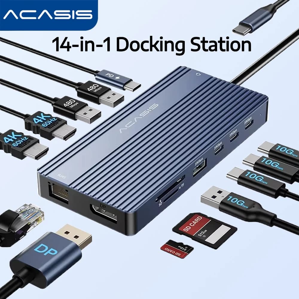 Docking station USB-C Acasis 14 in 1 con risoluzione HDMi 4K 60HZ RJ45 1000Mbps SD/TF Audio Ingresso PD100W da 3,5 mm Uscita 85W per PC