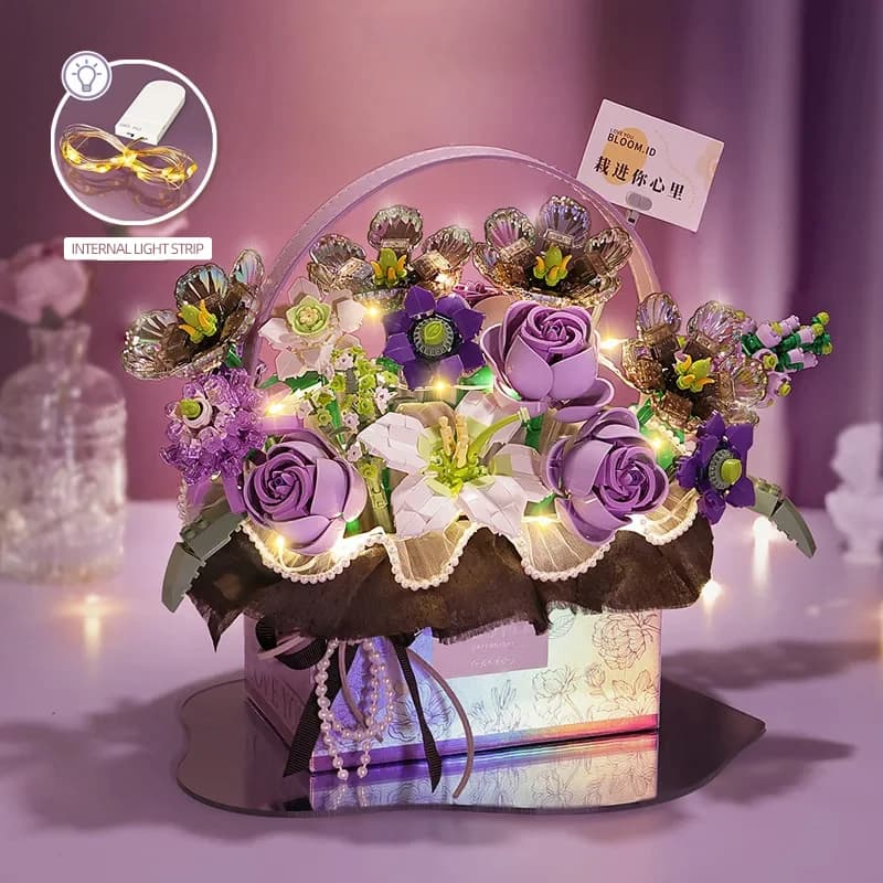 Set di Costruzioni Creative a Forma di Cesto di Rose Rosa, Serie di Mattoncini per Bouquet di Fiori Portatile, Modellini Regalo per Ragazze