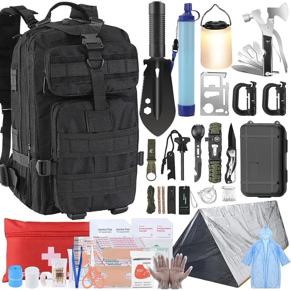 Kit di Sopravvivenza Definitivo da 258 Pezzi: Filtro per Acqua, Tenda, Lanterna LED, Kit di Pronto Soccorso, Zaino per Campeggio, Escursionismo, Avventure Familiari all'Aperto