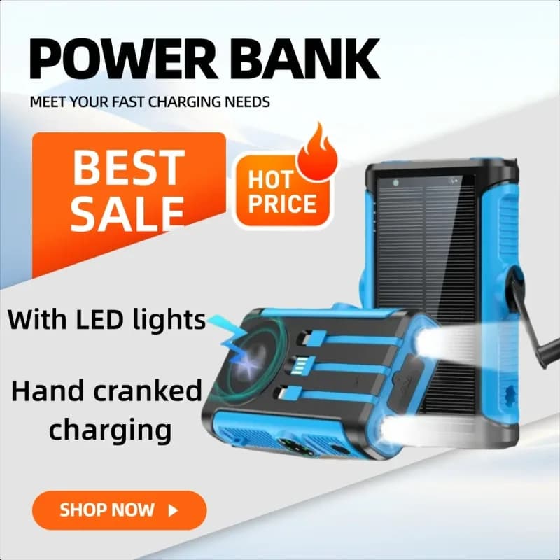 20000/30000/50000mAh con luce LED con cavo integrato Power Bank di ricarica wireless ad energia solare a manovella