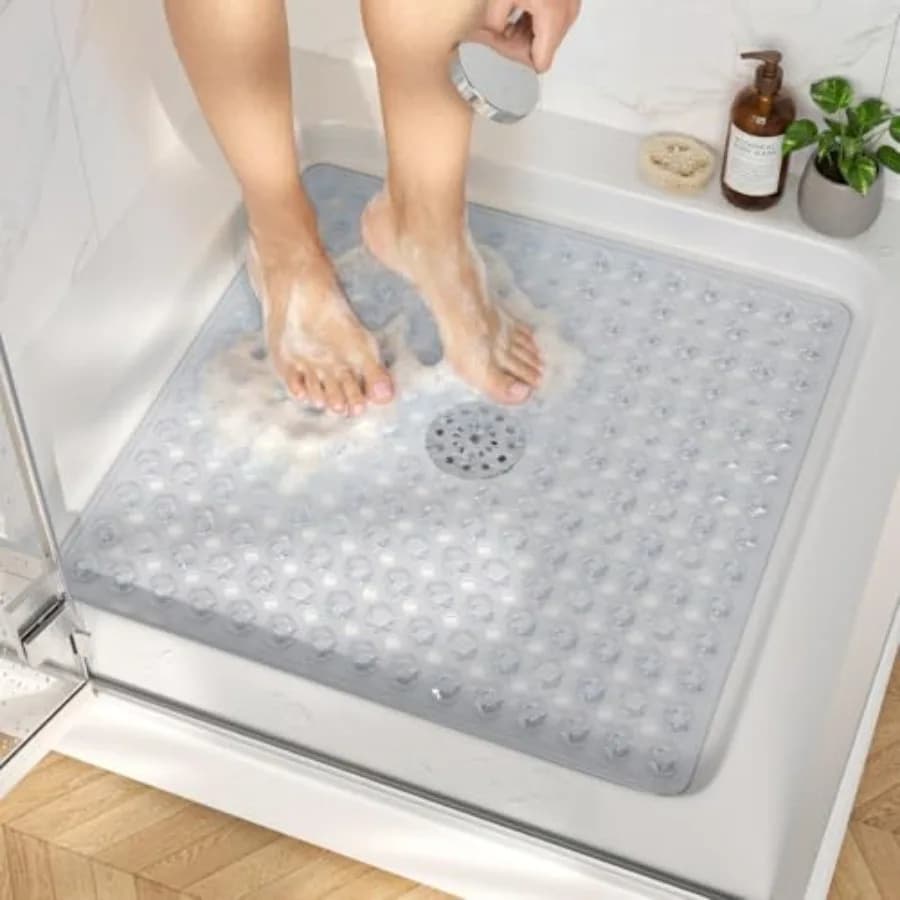 Shower Mat Anti Slip, Square Bath Mat for Tub Non Slip with Suction Cups and Drain Holes, 21x21 Inch Bathroom Shower Stall Floo