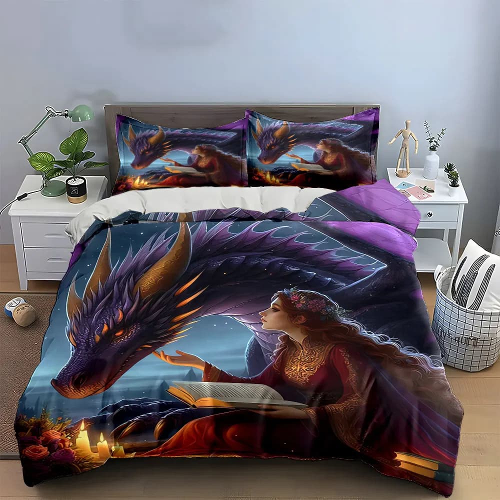 Set di biancheria da letto "Fantasy Dragon Reading Set" con 1 copripiumino e 2 federe, singolo, matrimoniale, king, queen, idea regalo