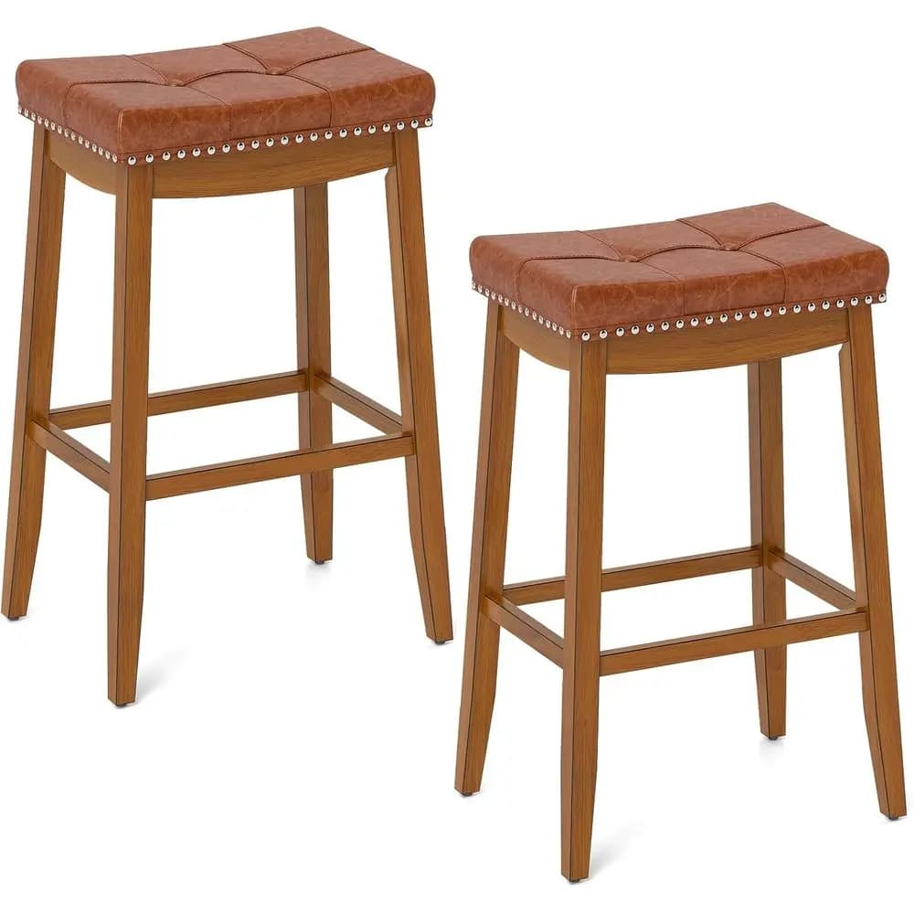 Coppia di 29 Sgabelli da Bar con Schienale Alto, Sedute in Similpelle e Gambe in Legno di Gomma per Isola Cucina o Bar Domestico