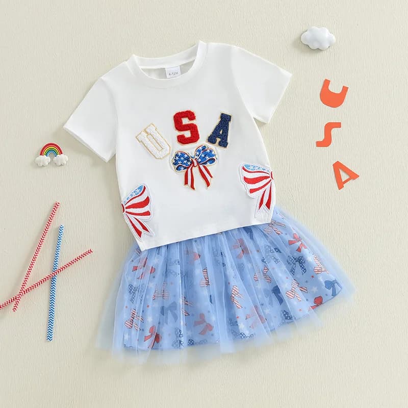 Abbigliamento da donna per il Giorno dell'Indipendenza, manica corta, girocollo, fiocco, lettera, ricamo, camicetta, gonna in tulle a trapezio