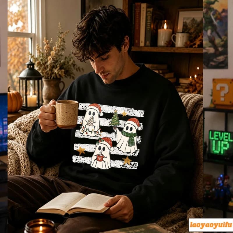 Three Christmas Ghosts Santa Hat Scarf Xmas Tree Hot Cocoa Light String Distressed Stripe Star Retro Graphic Pullover Casual Top