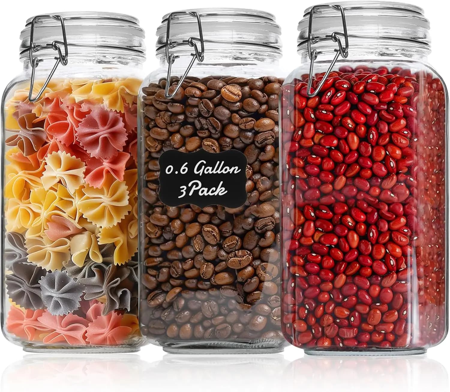 Barattoli in Vetro Ermetici con Coperchi, Set da 3 da 0,6 Galloni, Contenitori Quadrati per Alimenti per Conservazione in Cucina, Farina, Cereali, Pasta, Legumi