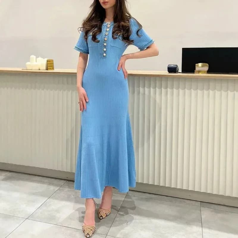 High Waist Denim Knitted Long Skirt Women's High Quality Big Swing Cross-Border Fashionable Summer Dress for Various Occasions