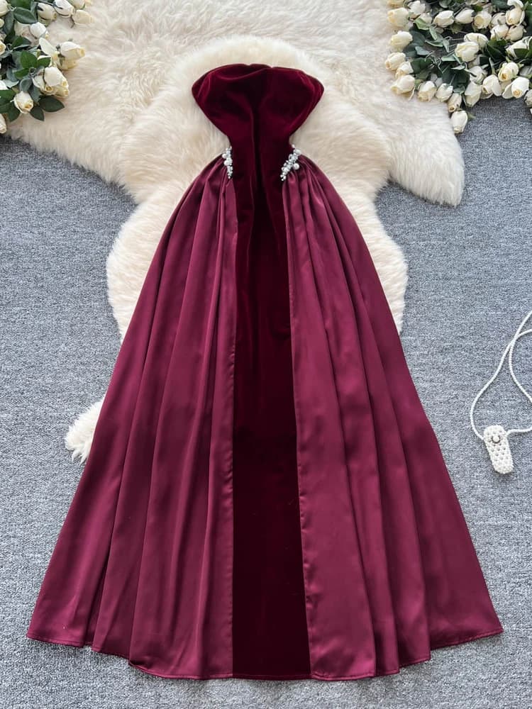 Elegante Abito in Velluto Drappeggiato con Design a Diamante, Gonna a Vita Alta a Trapezio per Donna, Abito da Sposa Estivo, Abito da Sera Formale