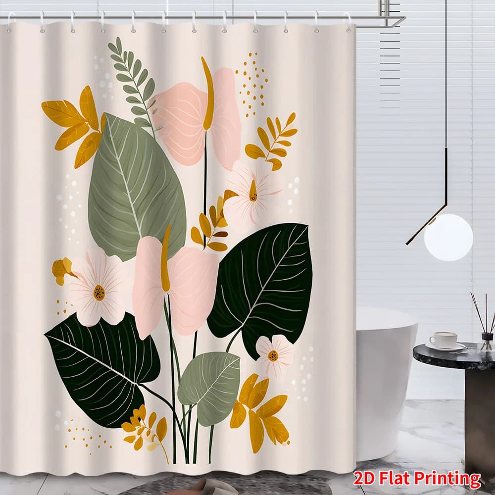 Ganci per Tenda Doccia con Motivo Botanico Tropicale, Anthurium Rosa, Foglie Verdi, Accenti Dorati, Sfondo Beige, in Poliestere Lavabile