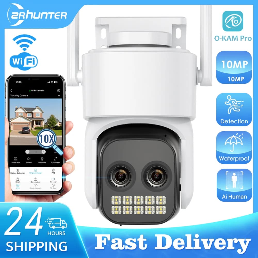 Telecamera Wifi esterna da 10MP 5K HD Doppia lente di sicurezza Telecamera IP PTZ 5G Obiettivo zoom digitale 10X Telecamera di tracciamento con rilevamento automatico AI umano