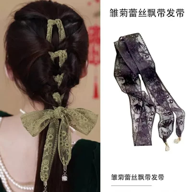 Fascia per capelli con streamer in pizzo margherita, piccola sciarpa di seta, decorazione borsa, piccola sciarpa, strisce lunghe, capelli intrecciati, accessori per capelli legati