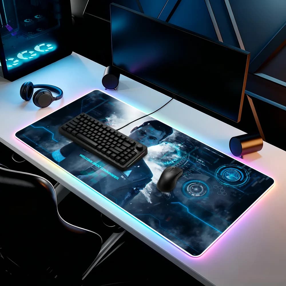 Tappetino per mouse Game D-Detroit Become Human Connor, tappetino antiscivolo per scrivania da ufficio, camera da letto, con LED RGB, impermeabile, grande