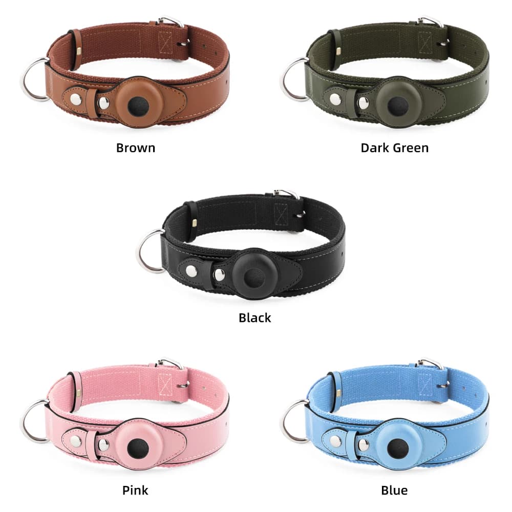 Waterproof Leather Dog Collar with Airtag Holder, Durable