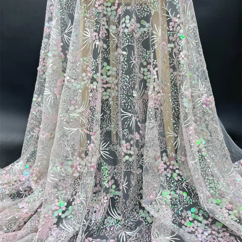 2 Yds/lot 150cm Wide Iridescent Pink Branch 9mm Sequin Fabric Beaded Sequin Material for Cheongsam Dresses Bridal Gowns F035
