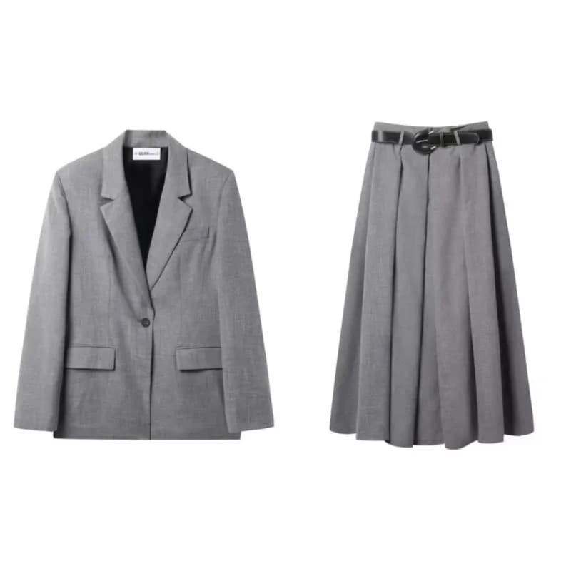 Full set for women with fishbone pattern padded with shoulders waist belt pleated skirts Full set for women casual fashion Outfi