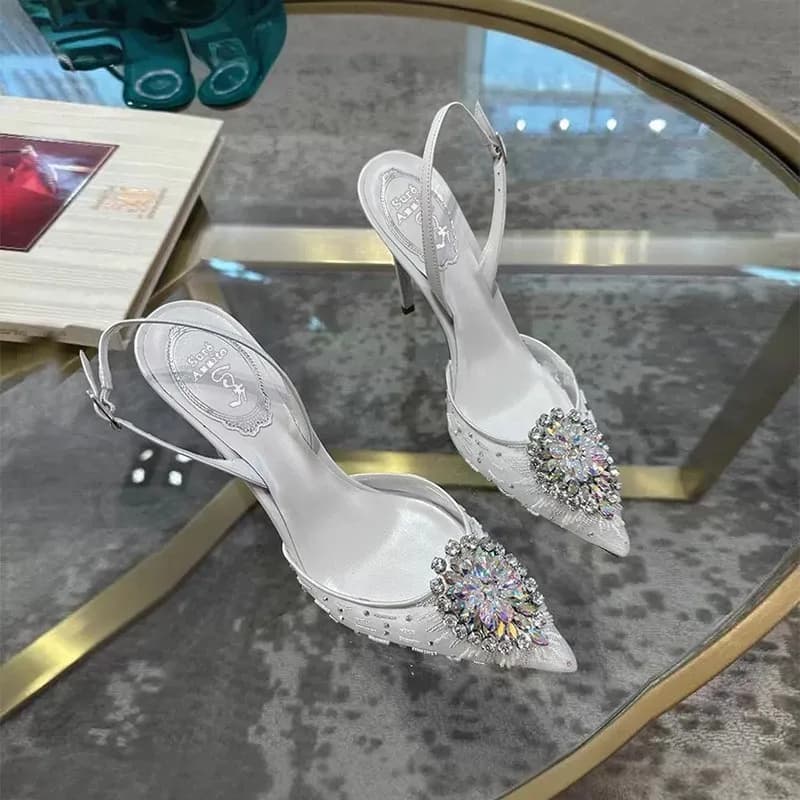 Estate nuove scarpe da sposa con tacco basso in cristallo a rete con schienale a punta, sottili sandali da donna di grandi dimensioni con tacco alto e abito da banchetto