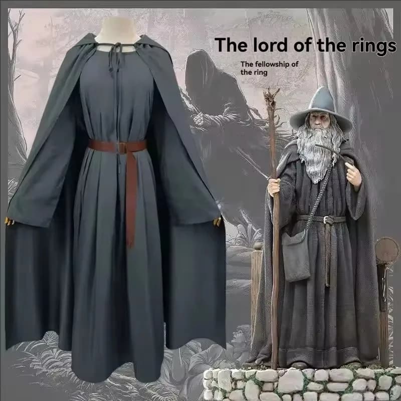 Anime Gandalf Wizard Cosplay Costume Hobbit Long Gray Cloak Jumpsuit with Hat Belt Halloween Fancy Dress for Man