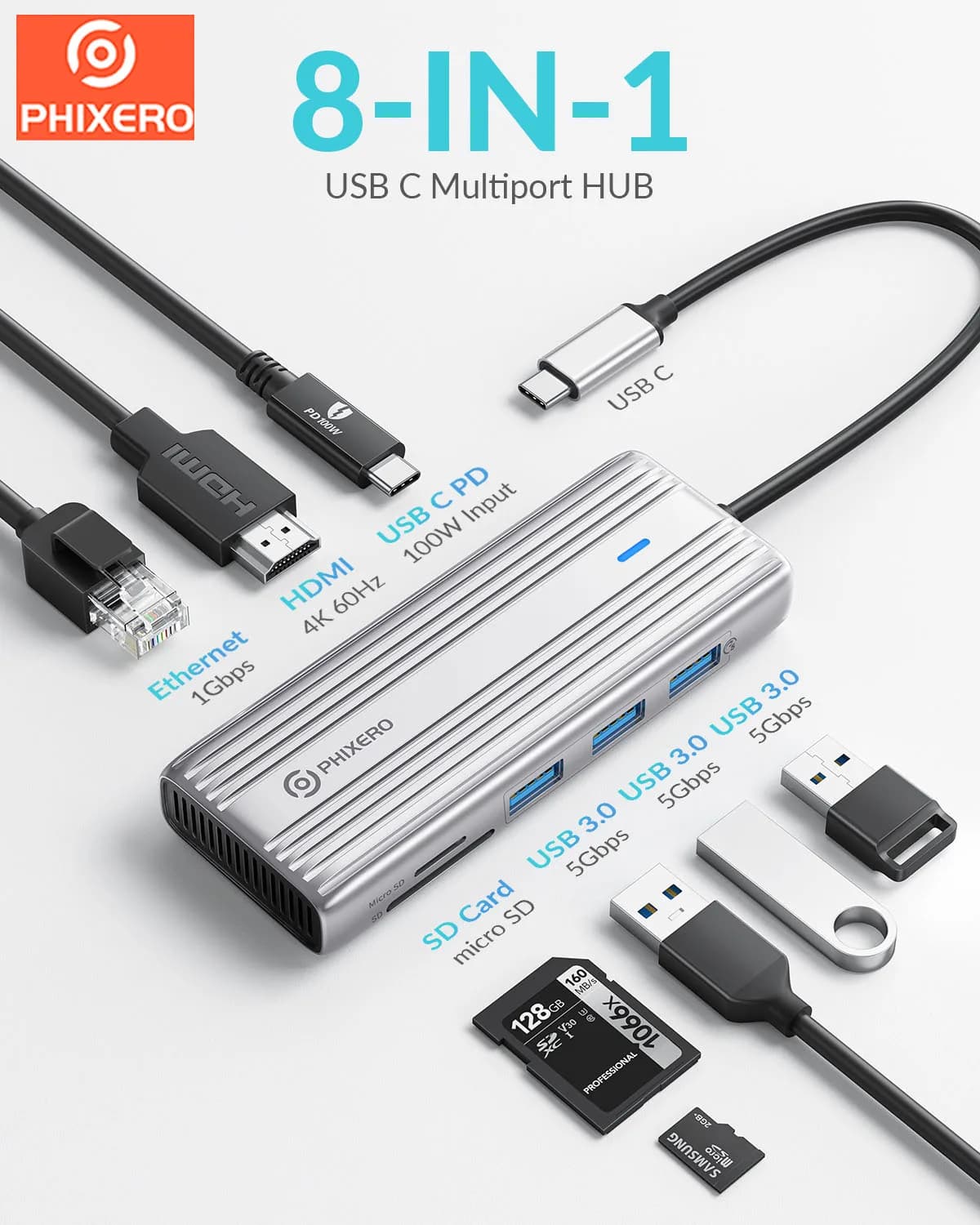 PHIXERO USB C HUB 5Gbps 4K HDMI Adapter 8-in-1 Splitter with HDMI DP USB 3.0 PD 100W Dock for MacBook Pro/Air, Laptops, Phones