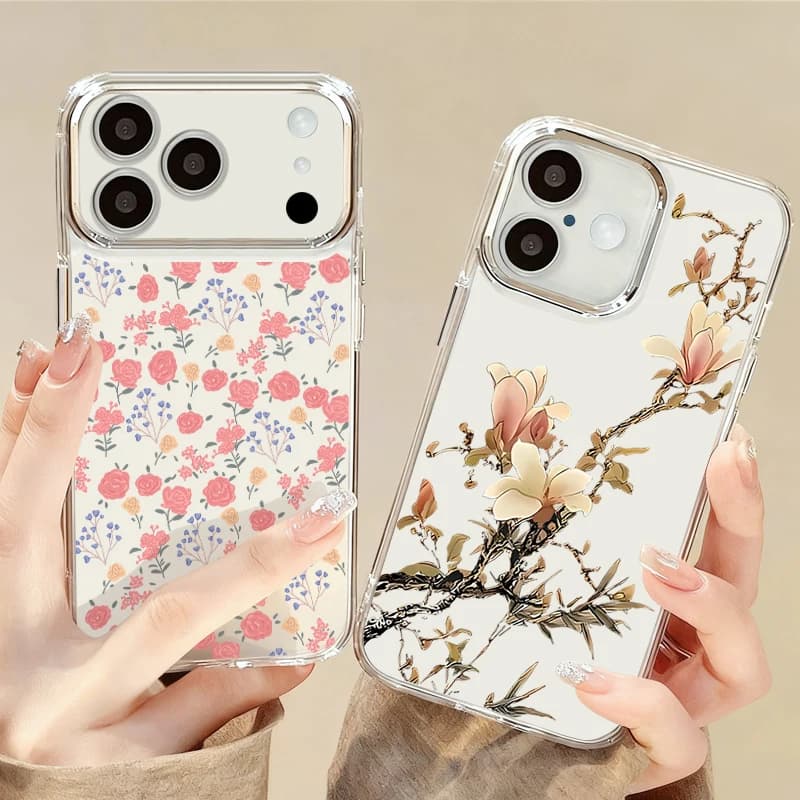 Custodia Floreale INS per iPhone 17 Pro Max, iPhone 16, 15, 14, 13 Pro Max, 11, 17e, 16e con Cornice Lente Placcata e Cover Posteriore in Silicone Morbido Trasparente