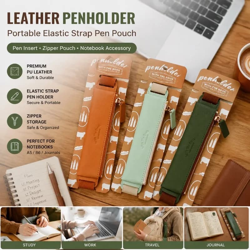 Portable PU Leather Zipper Pen Pouch Adjustable Elastic Book Strap Pen Holder Notebook Accessory Stationery Storage Bag