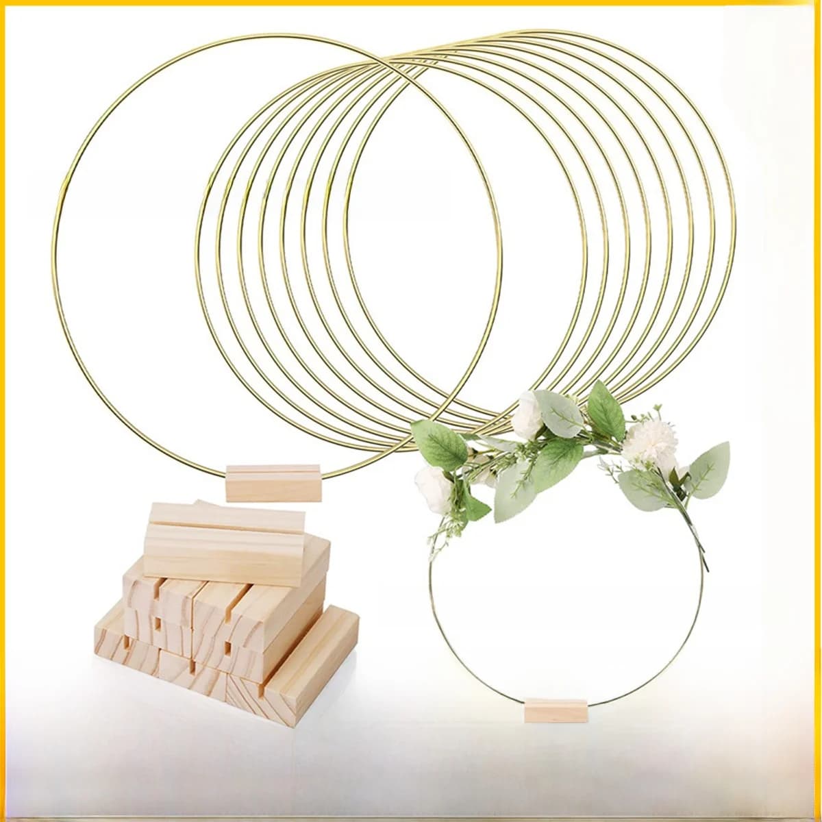 Golden Iron Ring Flower Ring with Wooden Base Wedding Prop Dining Table Centerpiece Dream Catcher Christmas Flower Ring
