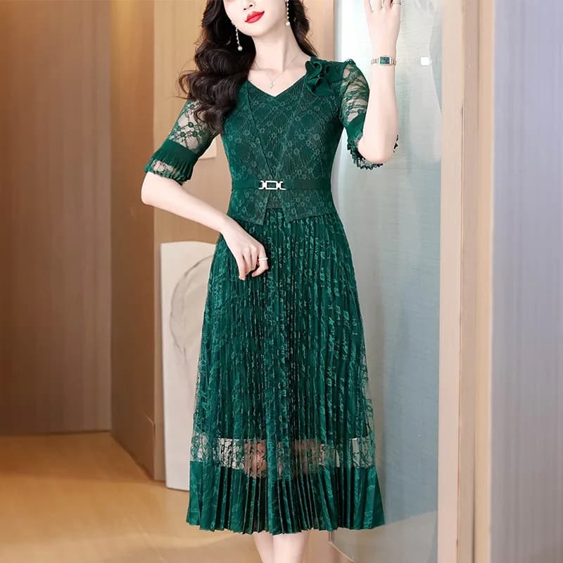 Elegant Pleated Dress Lace Midi Skirt High Elasticity V-Neck Midi Sleeve Summer Business City Commute Work Date Formal Interview