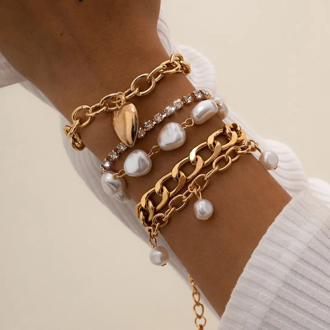 5 pz/set Vintage Cuore Ciondolo Imitazione-Perla Bracciale a Catena Cubana Donne Punk Strass Braccialetto Coppia Grunge Gioielli Steampunk