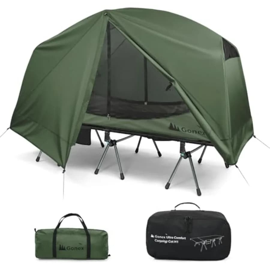 Tenda da Campeggio con Letto per Adulti, 1 Posto, Fuori Terra, Pieghevole, Portatile, Facile da Montare, Supporta 159 kg, Ideale per Escursioni e Backpacking