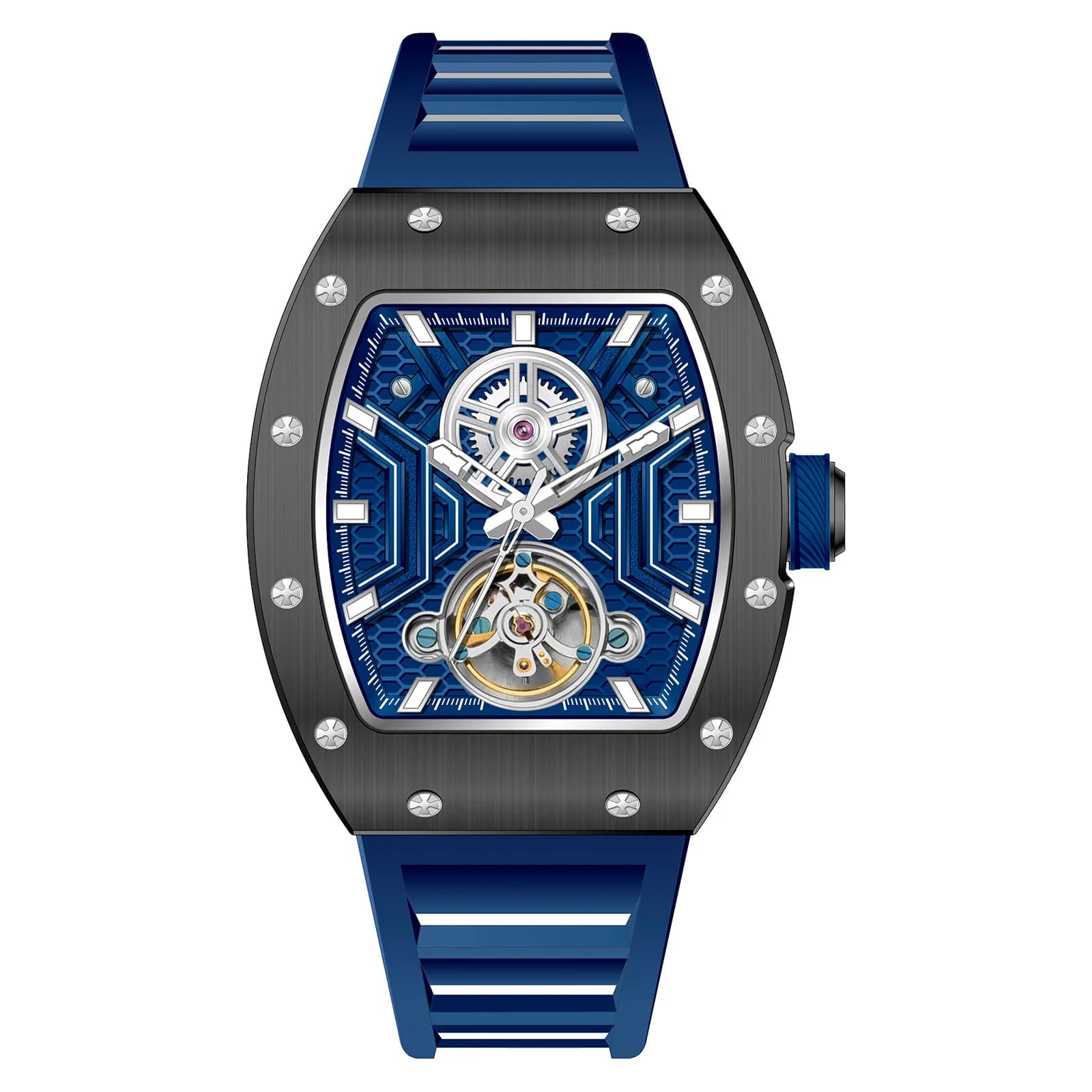 Orologio da Polso CHANCE per Uomo, Automatico Meccanico Impermeabile Nero con Lancette Luminose, Cinturino in Silicone e Quadrante Tonneau