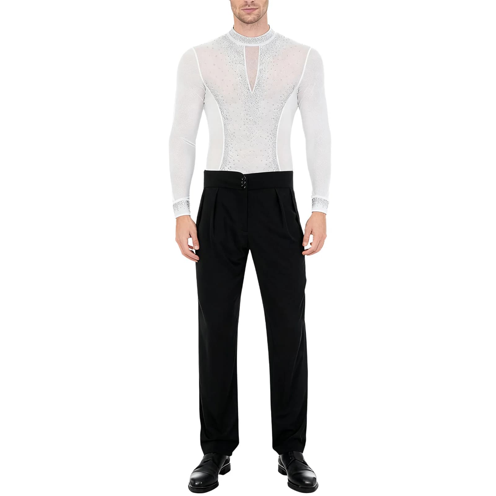 Uomo Pattinaggio di figura Ballo latino Cha-cha Tango Ballo da sala Vestito Manica lunga Strass Maglia Body con pantaloni Dancewear
