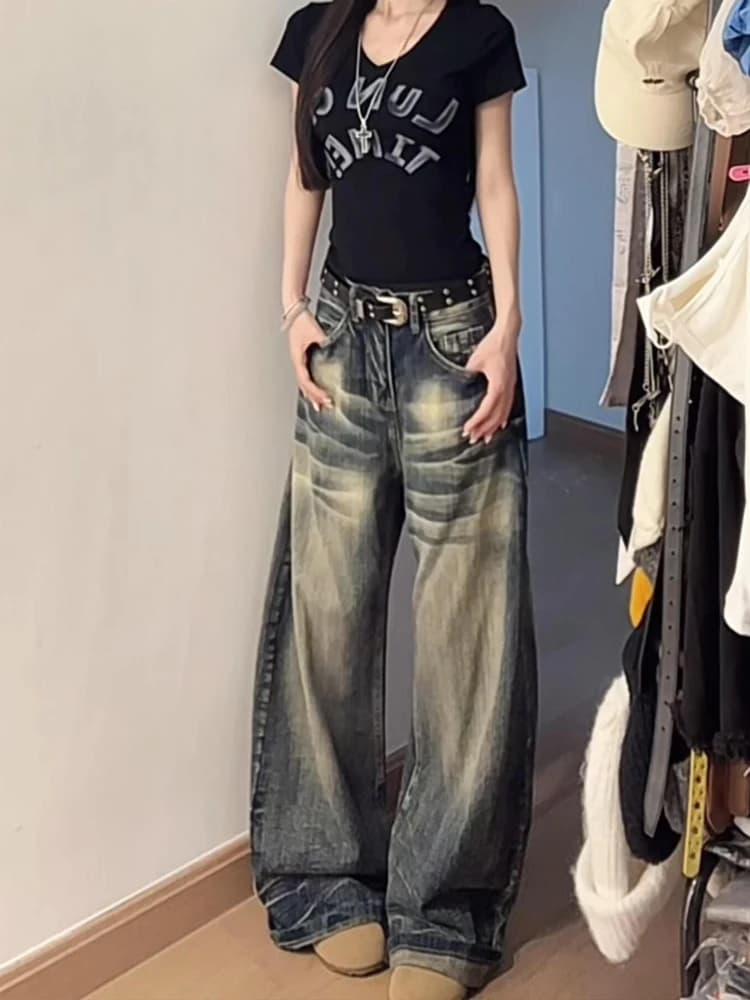 American Style Washed Denim Wide Leg Pants Women Summer Loose Slimming Jeans High Waist Soft Fabric Four Seasons Casual Trousers