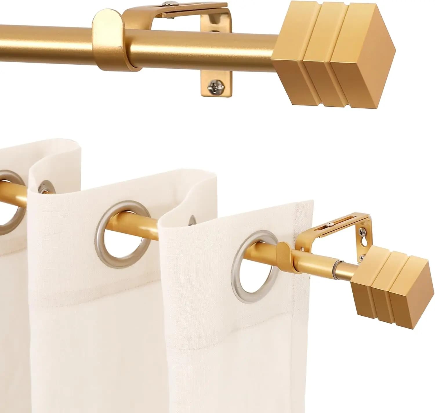 Set di 2 Aste per Tende da Finestra Regolabili con Finiture Quadrate Dorate